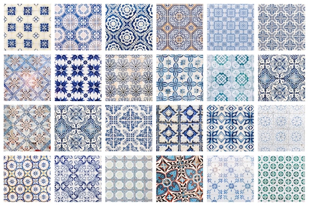 Bellissimo collage di diverse piastrelle portoghesi tradizionali chiamate azulejos