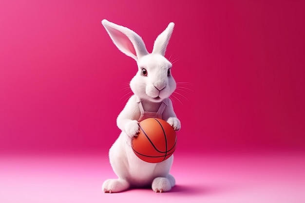 Bellissimo coniglietto bianco che gioca a basket in posa con un pallone da basket Fullbody shot Studio girato su uno sfondo rosa