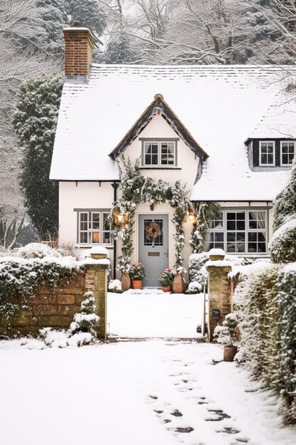 Bellissimo cottage di campagna decorato per Natale in una giornata invernale nevosa e celebrazione ai generativa