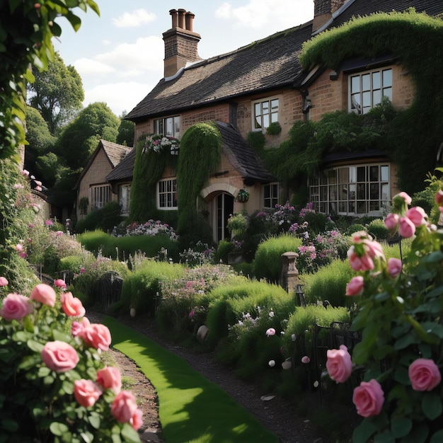 Bellissimo cottage inglese nel giardino con fiori e erba verde generativa ai