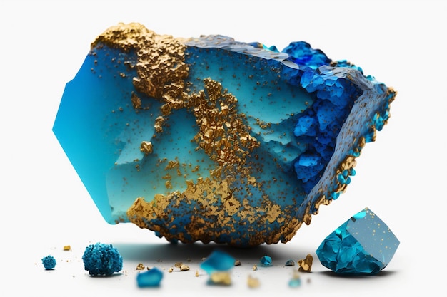 Bellissimo cristallo blu isolato su sfondo bianco Misteriosi minerali di pietre preziose Cluster di cristalli magici Vista in primo piano IA generativa