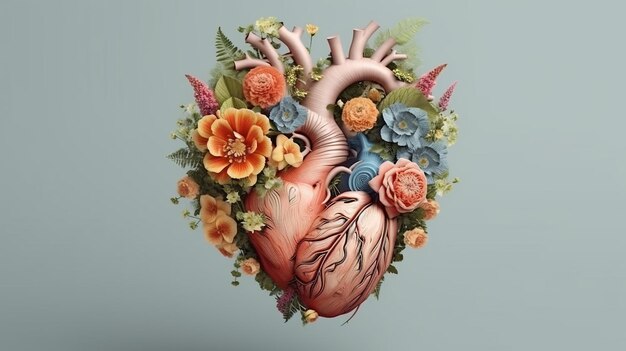 Bellissimo cuore anatomico con fiori e foglie composizione floreale romantica per biglietti di auguri