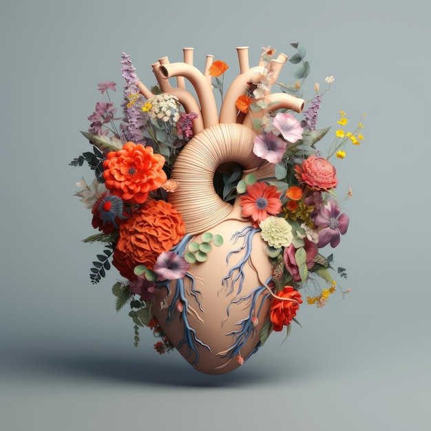 Bellissimo cuore anatomico con fiori e foglie