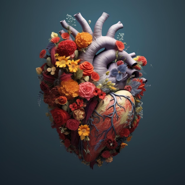 Bellissimo cuore anatomico con fiori e foglie
