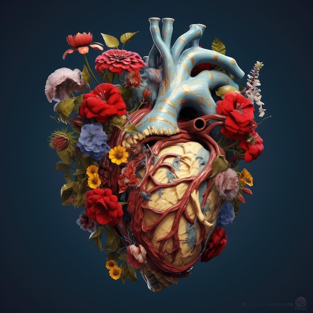 Bellissimo cuore anatomico con fiori e foglie