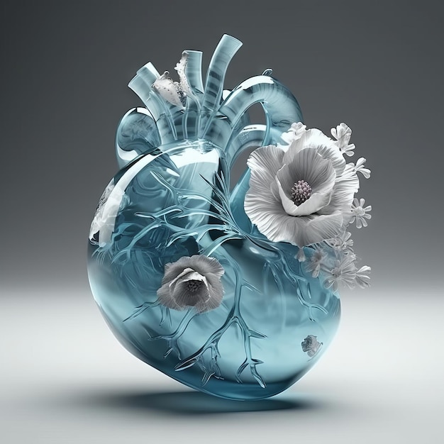 Bellissimo cuore anatomico in vetro 3d con fiore AI generativo