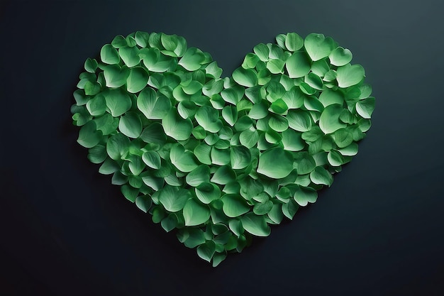 Bellissimo cuore verde fatto di petali su uno sfondo scuro