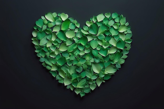 Bellissimo cuore verde fatto di petali su uno sfondo scuro