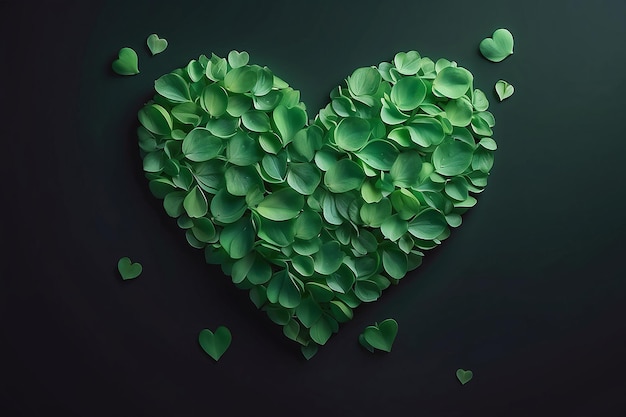 Bellissimo cuore verde fatto di petali su uno sfondo scuro