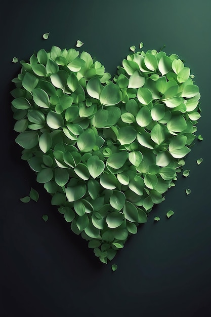 Bellissimo cuore verde fatto di petali su uno sfondo scuro