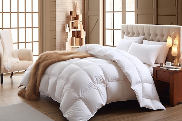 Bellissimo cuscino bianco confortevole di lusso e coperta sul letto decorazione coperta bianca di lusso