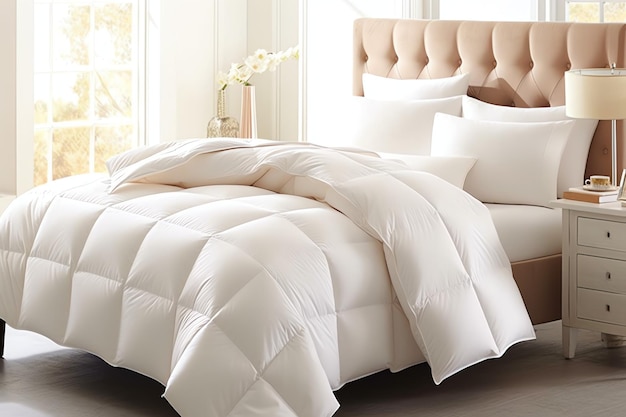 Bellissimo cuscino bianco confortevole di lusso e coperta sul letto decorazione coperta bianca di lusso