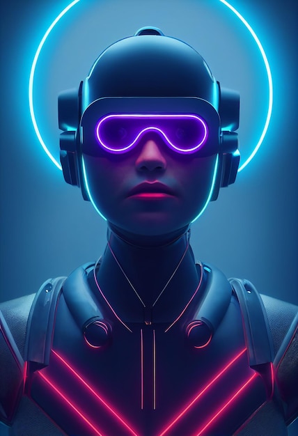 bellissimo cyborg futuristico con un casco VR e un corpo metallico lucido nella realtà virtuale