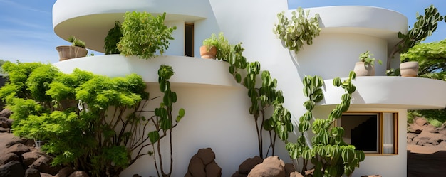 Bellissimo dettaglio architettonico con pareti bianche e piante verdi