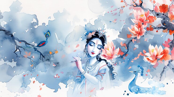 Bellissimo dipinto ad acquerello di Lord Krishna che suona il flauto circondato da pavoni e natura n dio indù opere d'arte religiose spiritualità cultura tradizionale credenza arte divina