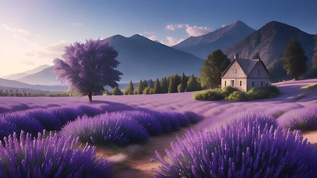 Bellissimo dipinto ad acquerello di un campo di lavanda Paesaggio astratto con alberi