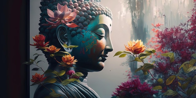 Bellissimo dipinto di fiori di buddha tutt'intorno AIGenerato