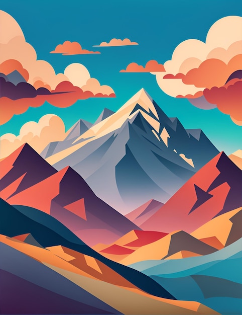 Bellissimo dipinto di paesaggio con una maestosa catena montuosa e nuvole drammatiche in t