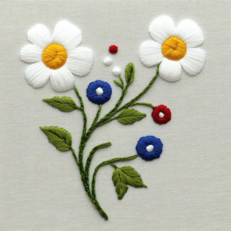Bellissimo disegno di ricamo floreale con margherite bianche e fiori colorati su tessuto neutro