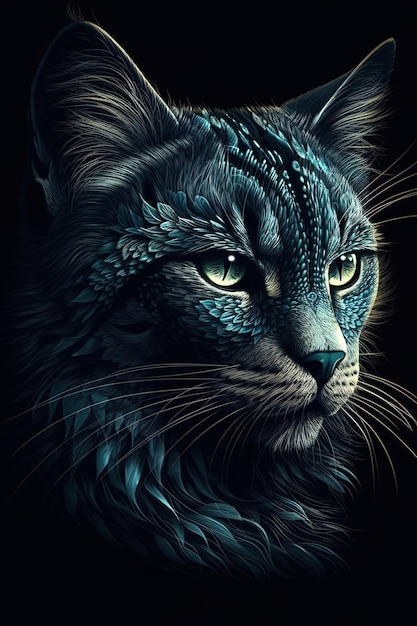 Bellissimo disegno fantasy 3d di un gatto dai toni blu