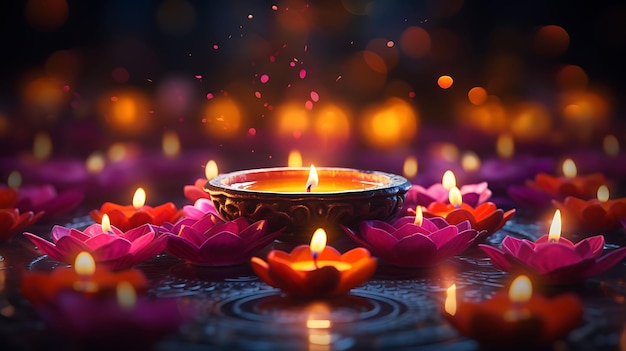 Bellissimo diwali diya con candele accese su sfondo scuro