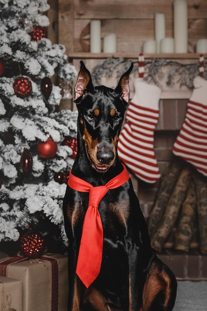 Bellissimo doberman cane vacanza Capodanno interni natale