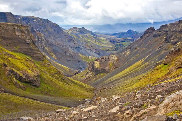 Bellissimo e colorato paesaggio di montagna a Landmannalaugar, Islanda. Natura e luoghi per meravigliosi viaggi