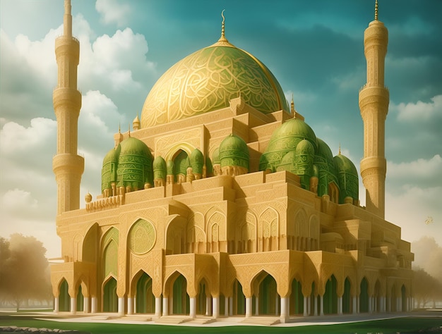 bellissimo e lussuoso edificio della moschea con colori dominanti verde e oro generato dall'intelligenza artificiale
