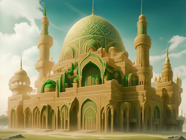 bellissimo e lussuoso edificio della moschea con colori dominanti verde e oro generato dall'intelligenza artificiale