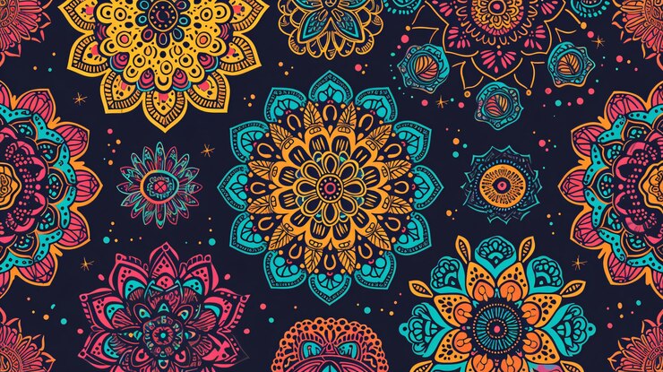 Foto bellissimo e vibrante modello senza cuciture di mandale disegnate a mano, piene di colori e che trasudano un senso di pace e serenità. ogni mandala simboleggia il potere della meditazione e della spiritualità.