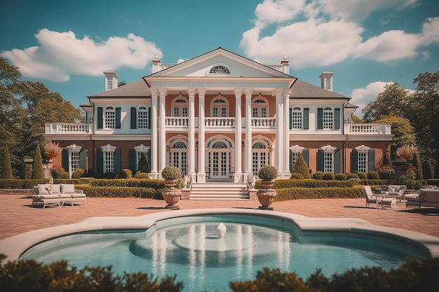 Bellissimo edificio di casa di lusso in stile coloniale con piscina e giardino in una giornata luminosa