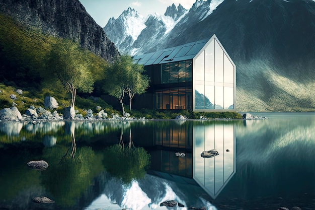 Bellissimo esterno in vetro in stile hi-tech accanto al lago sullo sfondo delle montagne