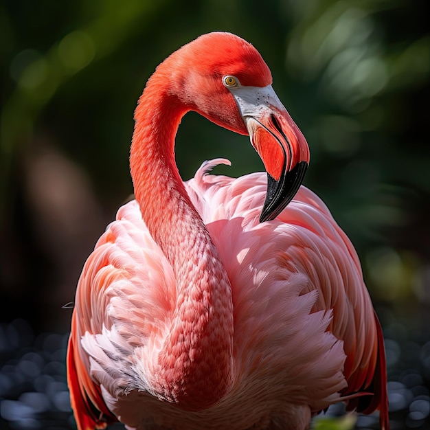 Bellissimo fenicottero rosa a fuoco primo piano sfondo sfocato