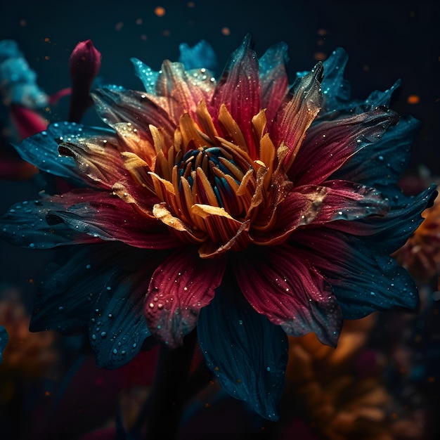 Bellissimo fiore colorato dalia con gocce d'acqua su sfondo scuro