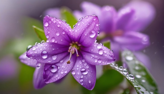 Bellissimo fiore di campana lilac brillante in gocce di rugiada mattutina Closeup gocce d'acqua sui petali di campana