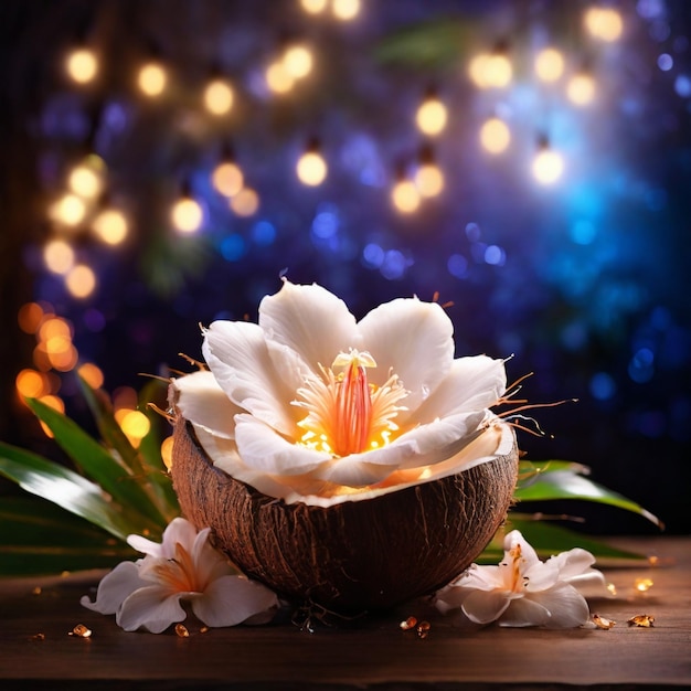 Bellissimo fiore di cocco magico con luci magiche sullo sfondo