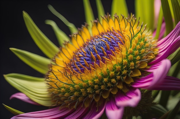 Bellissimo fiore di dahlia giallo sullo sfondo scuro close-up ai generativo