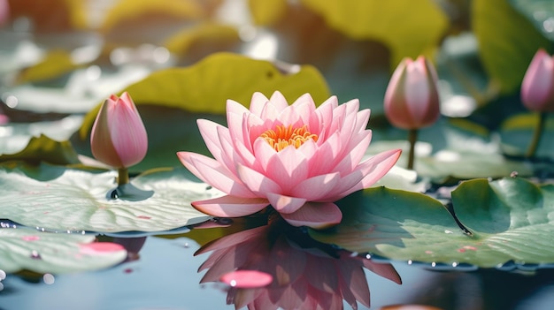 Bellissimo fiore di loto rosa con una foglia verde nello stagno Un giglio d'acqua di loto rosa in fiore