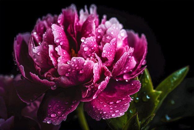 Bellissimo fiore di peonia con gocce d'acqua su sfondo nero IA generativa