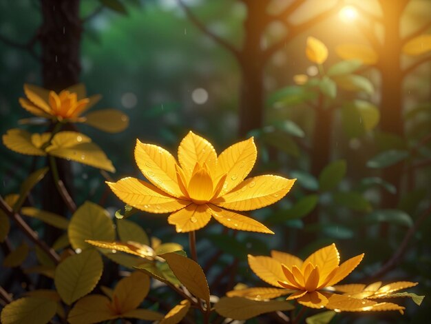 Bellissimo fiore dorato nella foresta con sfondo sfocato