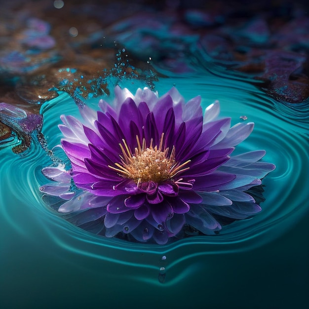 Bellissimo fiore viola galleggia in un primo piano di acque cristalline e limpide, per banner pubblicitari di SPA