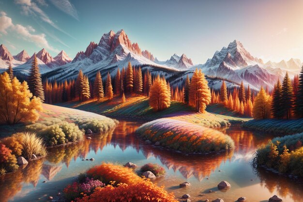 Bellissimo fiume naturale con pittura di montagna Illustrazioni di intelligenza artificiale generativa