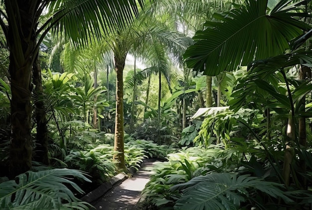 Bellissimo fogliame di palme tropicali lussureggianti in un giardino botanico naturale