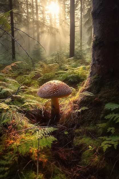 Bellissimo fungo che cresce in erba nella foresta in una soleggiata giornata estiva Illustrazione dell'IA generativa