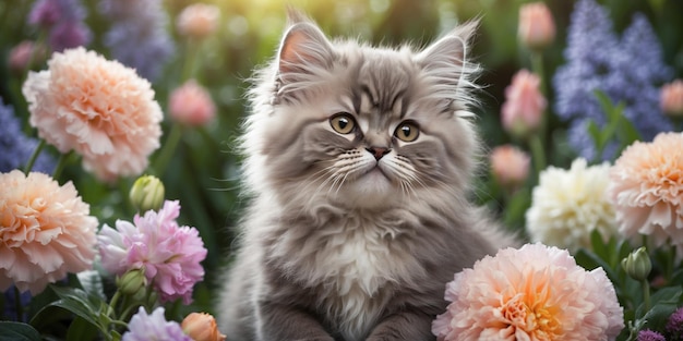 bellissimo gattino circondato da fiori freschi all'aperto