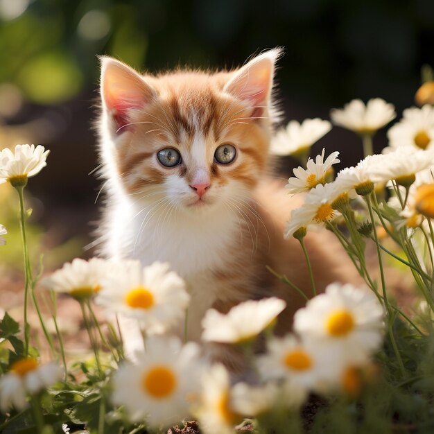 Bellissimo gattino con fiori all'aperto