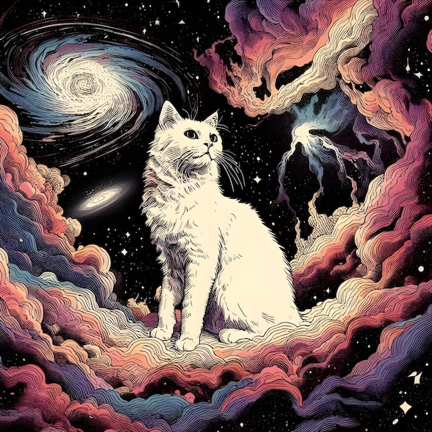 Bellissimo gatto bianco seduto sullo sfondo dello spazio esterno