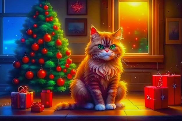 Bellissimo gatto carino con regali di Natale in un interno festivo