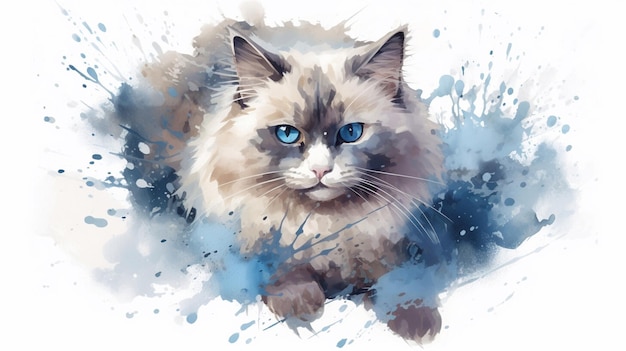Bellissimo gatto con gli occhi azzurri Pittura ad acquerello su sfondo bianco