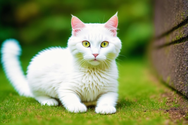 Bellissimo gatto con occhi verdi sullo sfondo di foglie verdi IA generativa